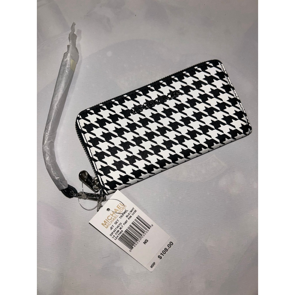 NWT Michael Kors Jet Set Houndstooth Zip Around Wallet Wristlet Black White - Picture 2 of 7